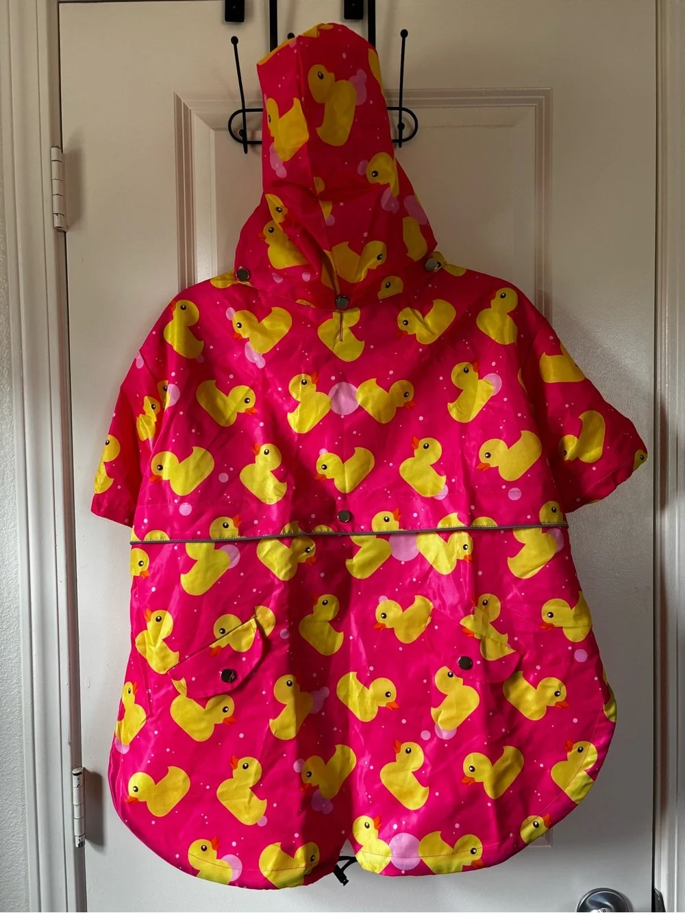 Bright Pink Rubber Duck Print Dog HDE Rain Poncho with Yellow Lining 2XL
